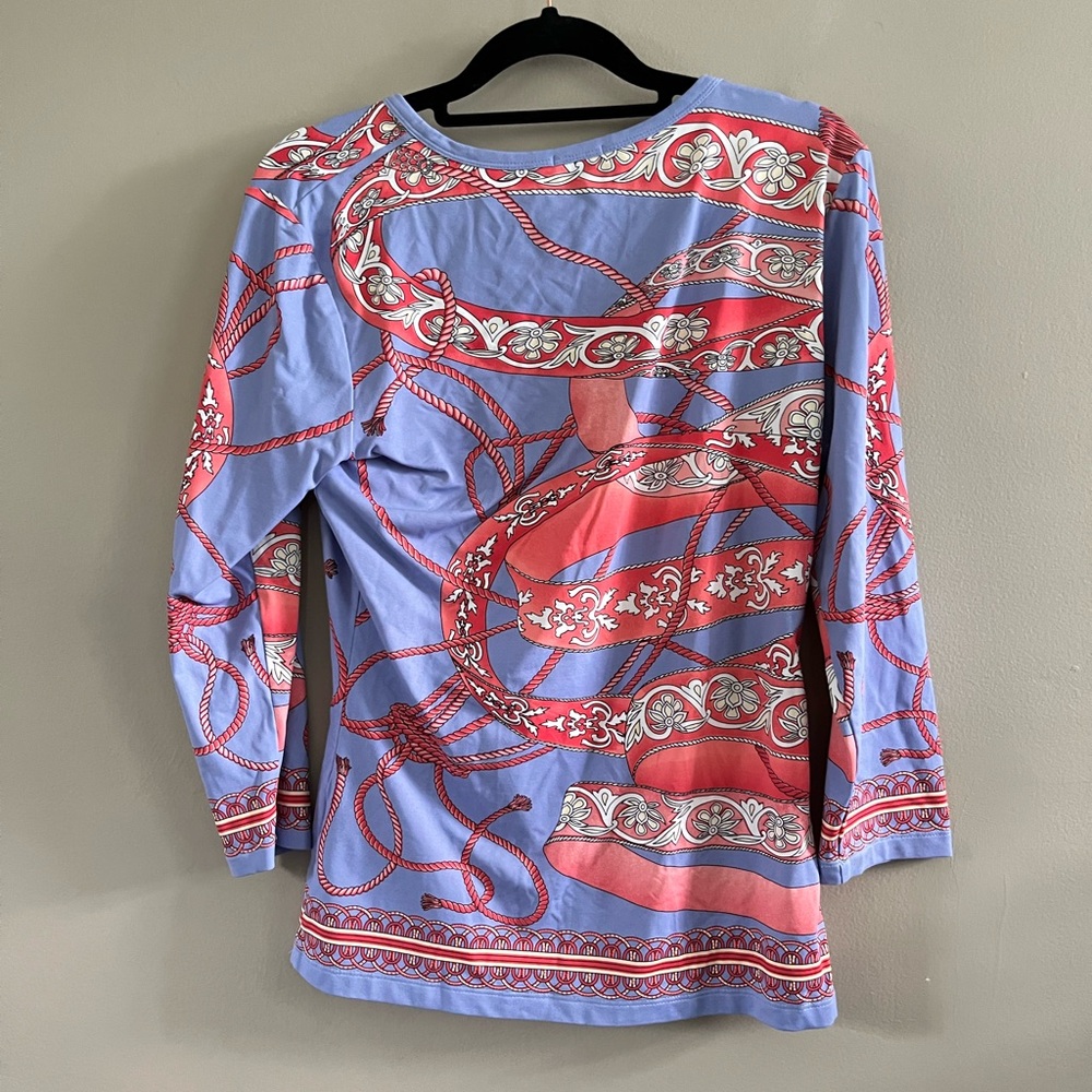 J. McLaughlin 3/4 Length Sleeve Shirt - Paisley Coral Blue Brown Size Small - Picture 2 of 5
